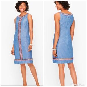 Talbots linen blend Sleeveless Shift Dress with Embroidered Trim chambray 4P
